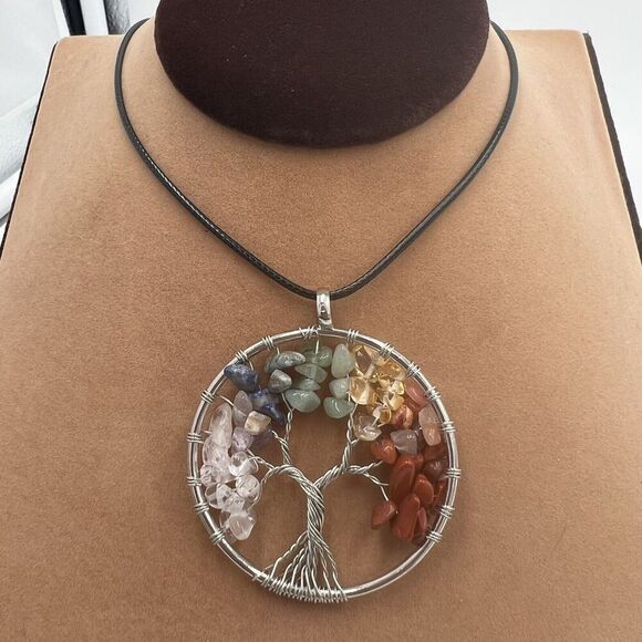 Natural Gemstone Tree Of Life Necklace Chakra Healing Wire Wrap Handmade Vegan - Picture 7 of 11